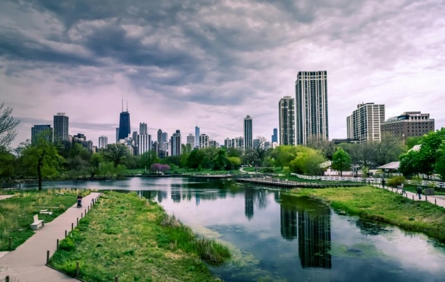 park in Chicago with the city skyline in the background